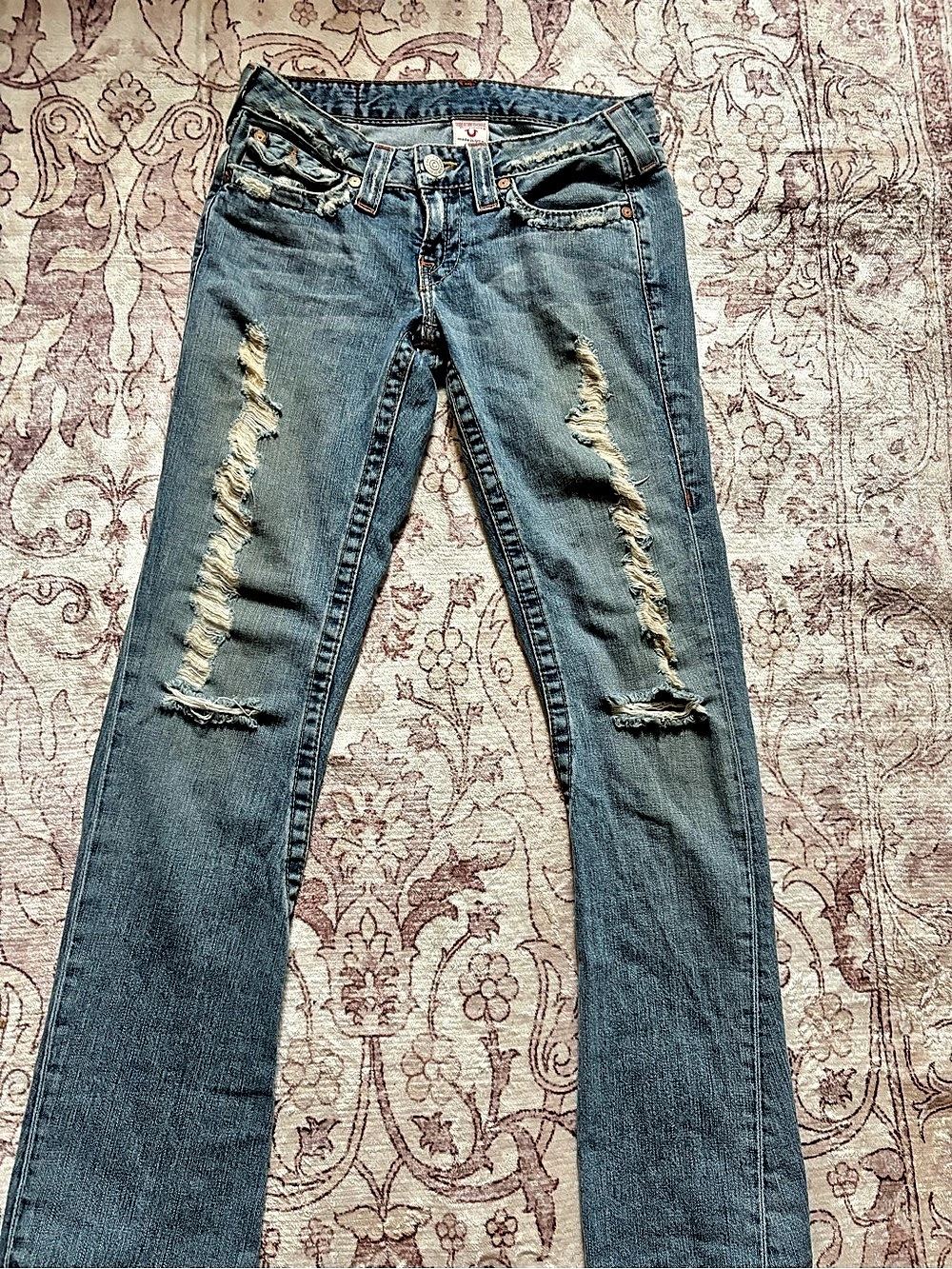 True Religion Distressed Bootcut Jeans in Blue